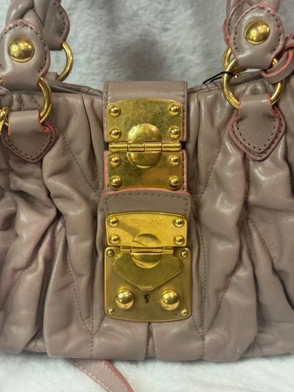 MIU MIU Matelasse Lux Satchel Cammeo Taupe Braided Handle Gold Turn Lock Lambski